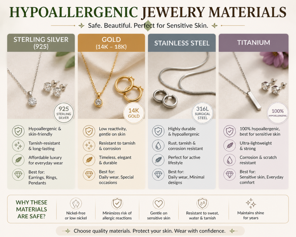Best Jewelry for Sensitive Skin: Complete Guide to Avoid Allergies 3 hypoallergenic jewelry materials including sterling silver gold stainless steel and titanium safe for sensitive skin