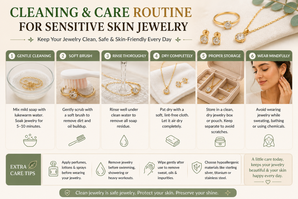 Best Jewelry for Sensitive Skin: Complete Guide to Avoid Allergies 4 cleaning and care routine for jewelry showing gentle cleaning and safe handling for sensitive skin