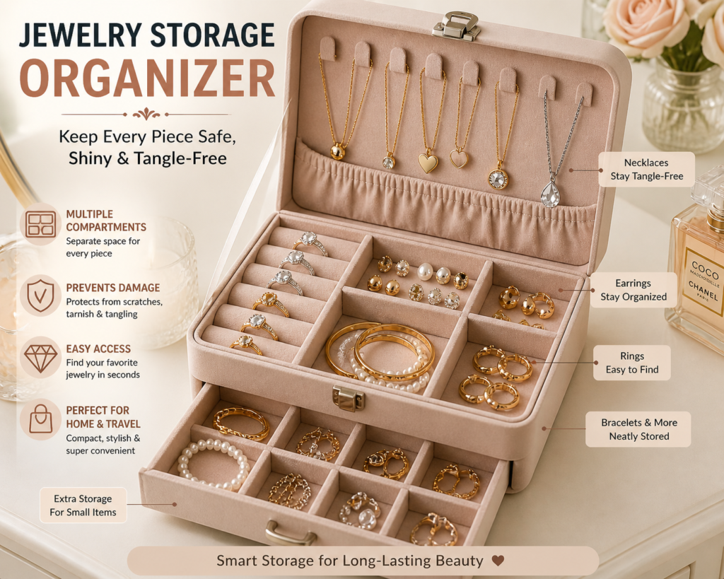 jewelry storage organizer box with compartments for rings earrings necklaces and bracelets neatly arranged