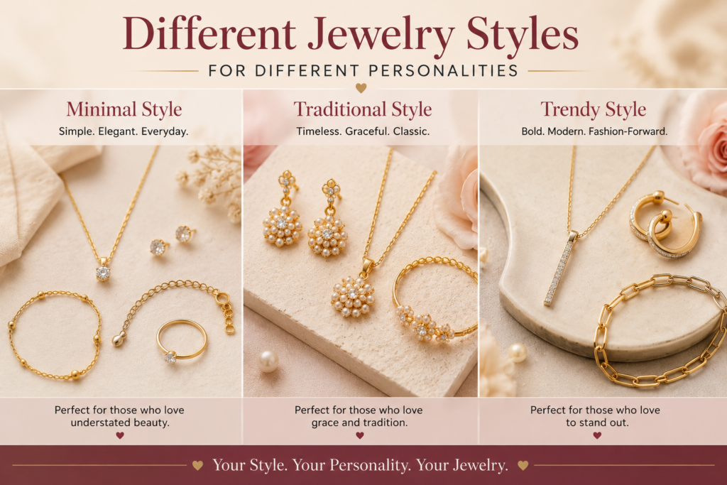 different jewelry styles for different personalities showing minimal traditional trendy and elegant jewelry looks for women