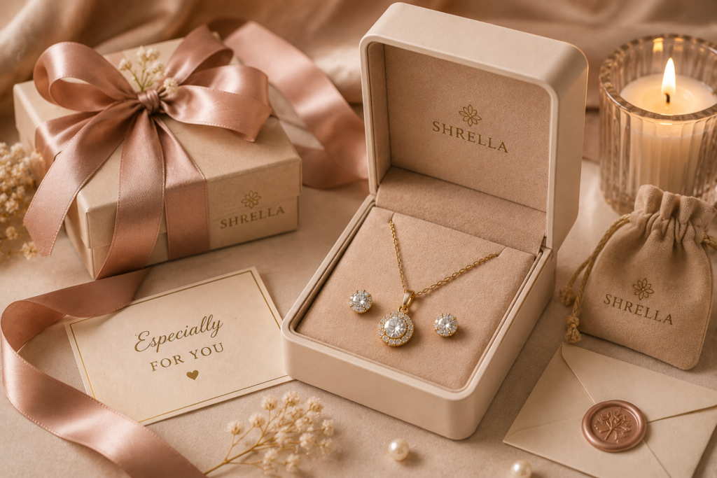 luxury jewelry gift packaging setup with elegant necklace earrings ribbon gift box and premium presentation for women