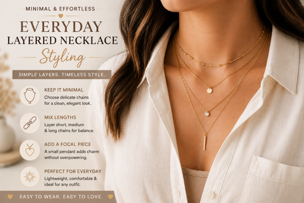 minimal everyday layered necklace styling with delicate gold chains for elegant casual fashion look