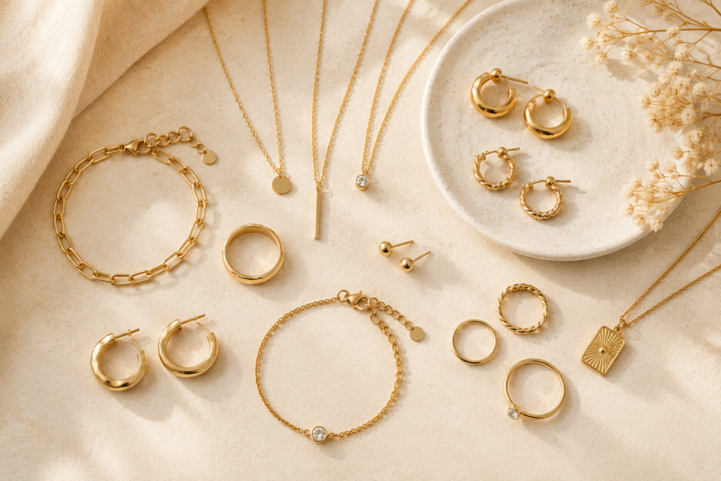 Jewelry Trends 2026: Top Jewelry Styles Every Woman Will Love 4 minimal gold jewelry flat lay featuring delicate necklaces rings bracelets and hoop earrings in modern elegant styling