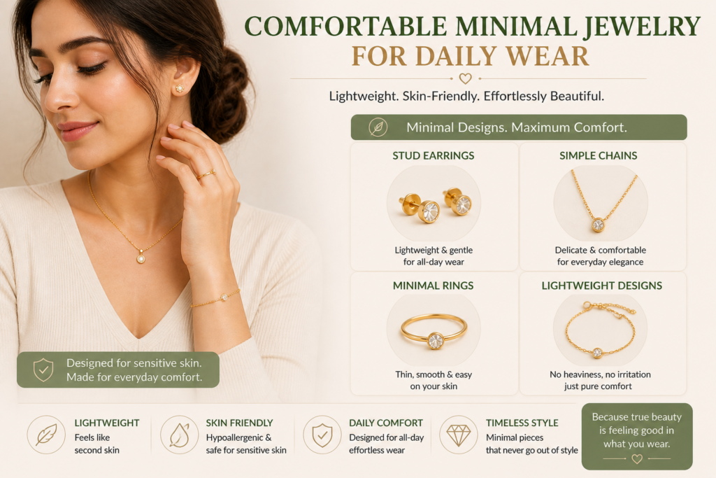 Best Jewelry for Sensitive Skin: Complete Guide to Avoid Allergies 5 comfortable minimal jewelry for daily wear showing lightweight skin friendly earrings necklace and rings