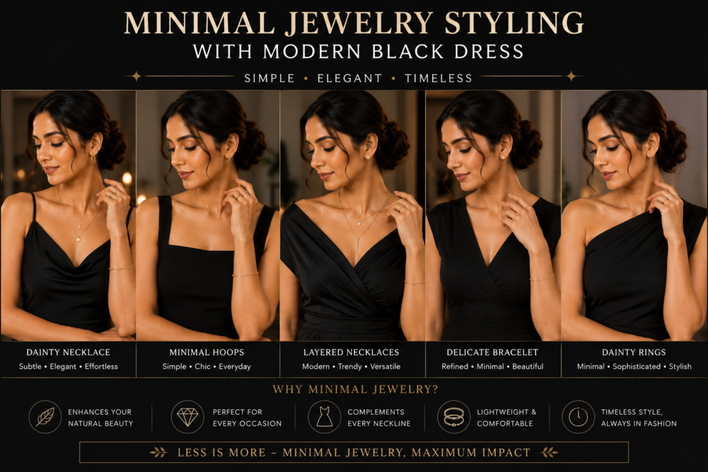 minimal jewelry styling with modern black dress featuring layered necklaces small hoops delicate bracelets and elegant evening fashion for women