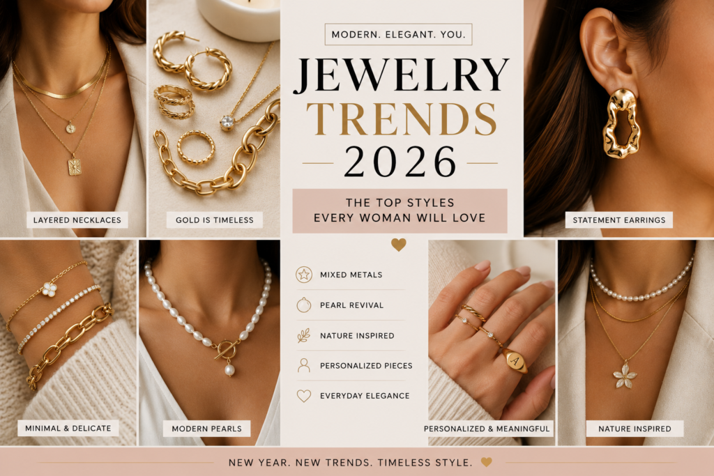 Jewelry Trends 2026: Top Jewelry Styles Every Woman Will Love 2 modern 2026 jewelry trend collage featuring layered necklaces pearls statement earrings and minimal gold jewelry styles