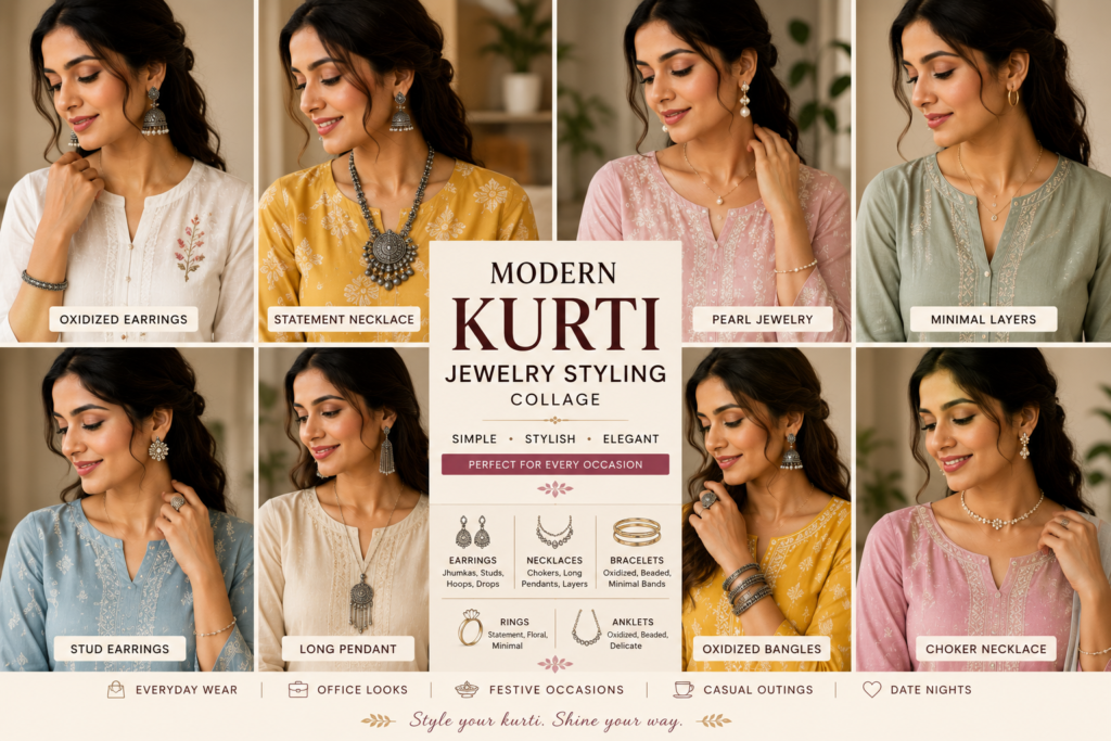 modern kurti jewelry styling collage featuring oxidized earrings pearl jewelry layered necklaces and elegant ethnic fashion looks for women
