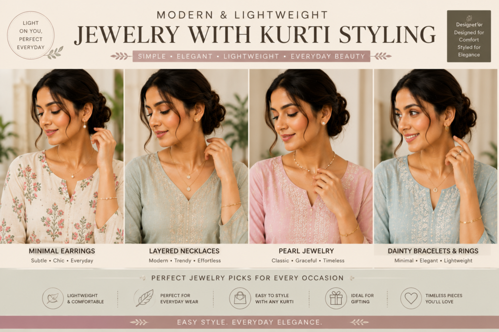 modern lightweight jewelry with kurti styling featuring minimal earrings layered necklaces pearl jewelry and elegant everyday ethnic fashion for women