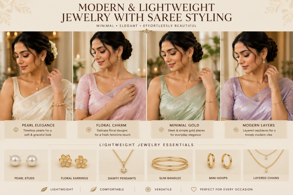 Best Jewelry for Sarees: Simple Styling Guide for Every Occasion 5 modern lightweight jewelry with saree styling featuring minimal gold necklaces pearl earrings and elegant pastel saree fashion for women