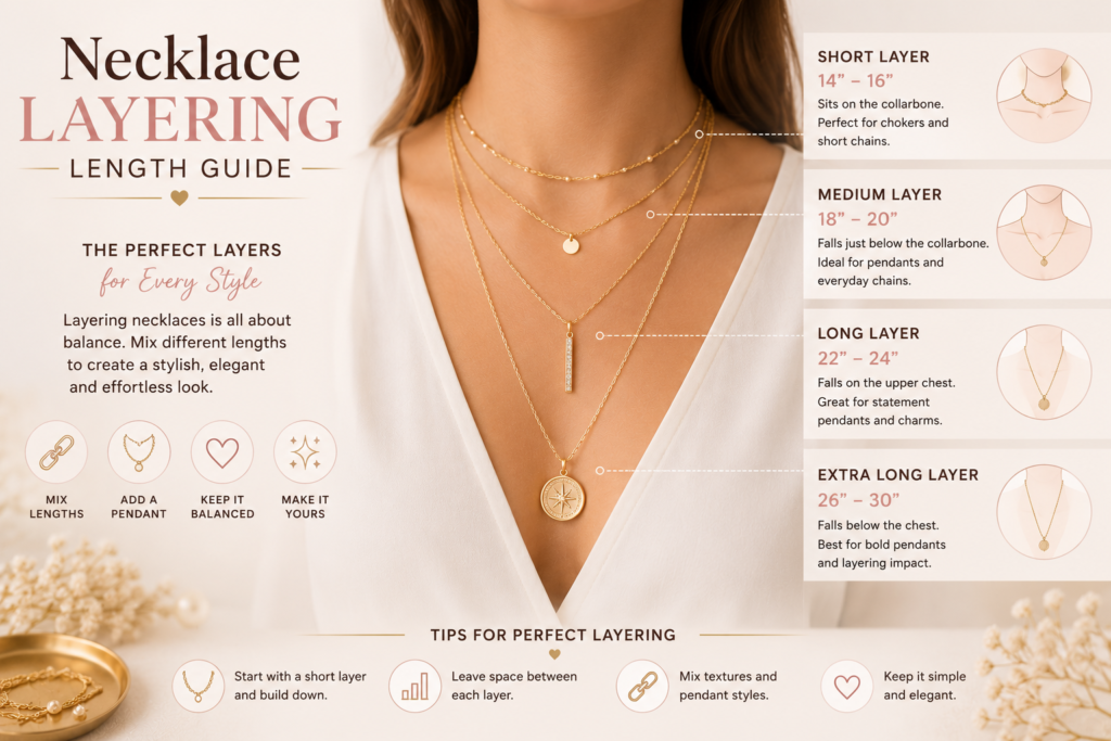 necklace layering length guide showing short medium and long layered chain lengths for elegant styling