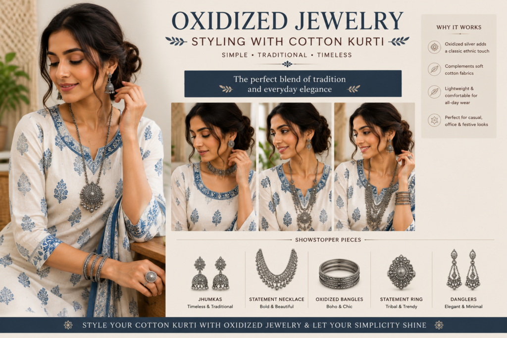 oxidized jewelry styling with cotton kurti featuring silver jhumkas necklace bangles and traditional ethnic fashion look for women