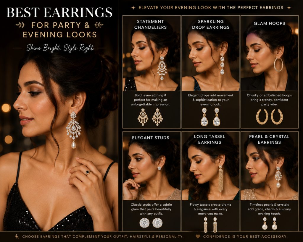 How to Choose the Perfect Earrings for Every Outfit 5 party and evening earrings styling featuring statement earrings glamorous fashion look and elegant night outfit for women