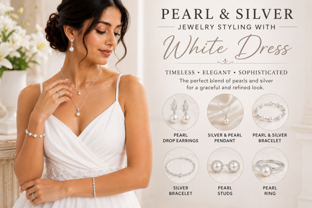pearl and silver jewelry styling with white dress featuring pearl drop earrings silver pendant necklace elegant bracelet and sophisticated fashion accessories for women