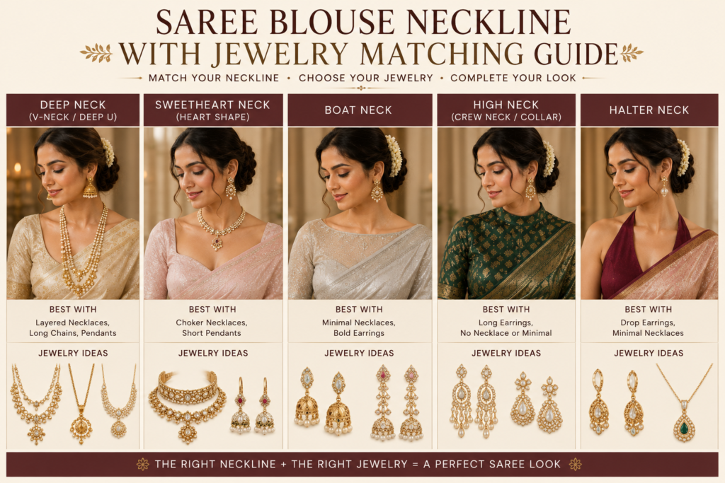 Best Jewelry for Sarees: Simple Styling Guide for Every Occasion 4 saree blouse neckline jewelry matching guide showing necklaces earrings and traditional jewelry styles for different saree necklines