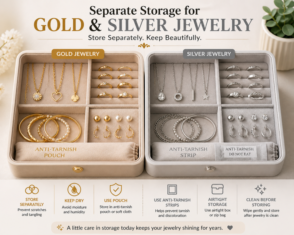 gold and silver jewelry stored separately in organizer compartments to prevent scratches and tarnish