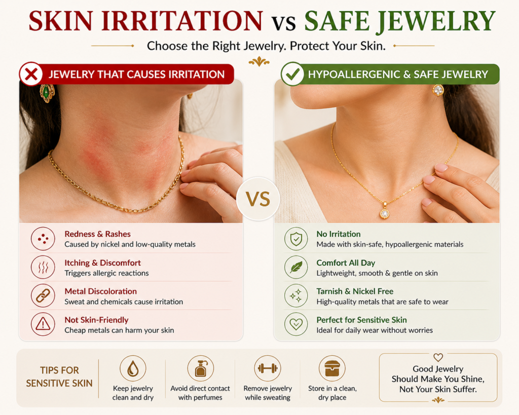 Best Jewelry for Sensitive Skin: Complete Guide to Avoid Allergies 2 skin irritation vs hypoallergenic jewelry comparison showing rash from cheap jewelry and safe skin friendly jewelry