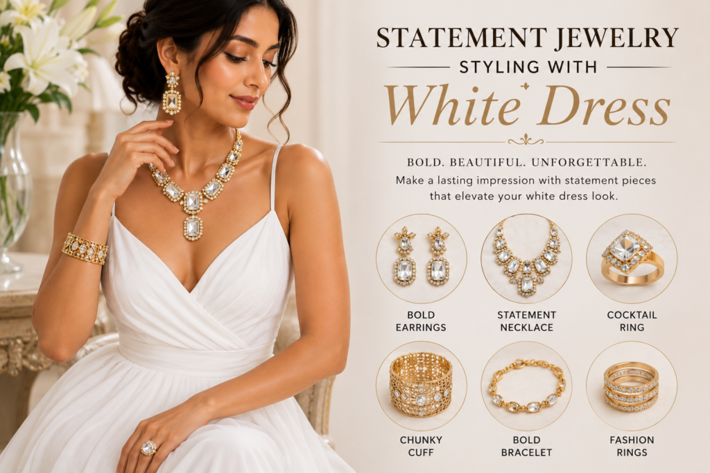 statement jewelry styling with white dress featuring bold earrings layered necklaces gemstone accessories and elegant fashion look for women