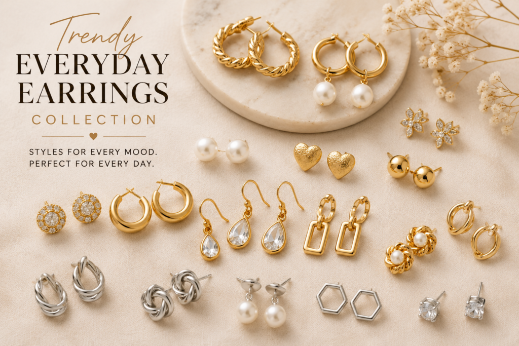 How to Choose the Perfect Earrings for Every Outfit 7 trendy everyday earrings collection flat lay featuring hoops pearl earrings studs and minimal gold designs for women