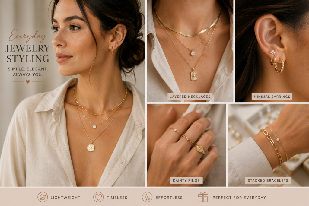 Jewelry Trends 2026: Top Jewelry Styles Every Woman Will Love 5 trendy everyday jewelry styling look featuring layered necklaces minimal earrings dainty rings and gold bracelets for women