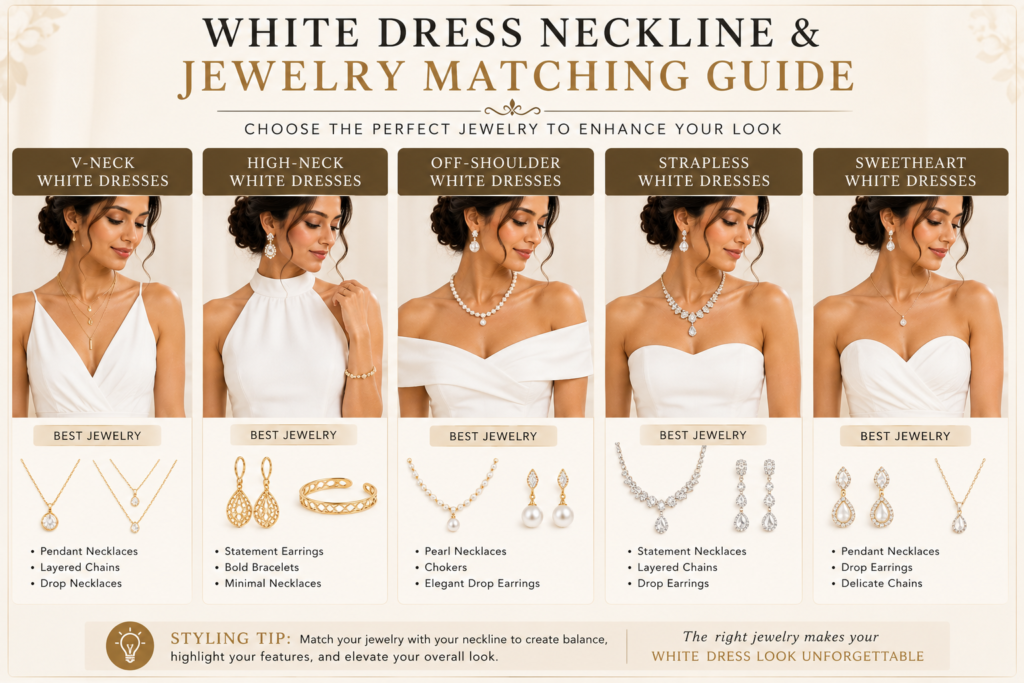 white dress neckline jewelry matching guide showing v-neck high-neck off-shoulder strapless and sweetheart necklines paired with ideal necklaces and earrings for women