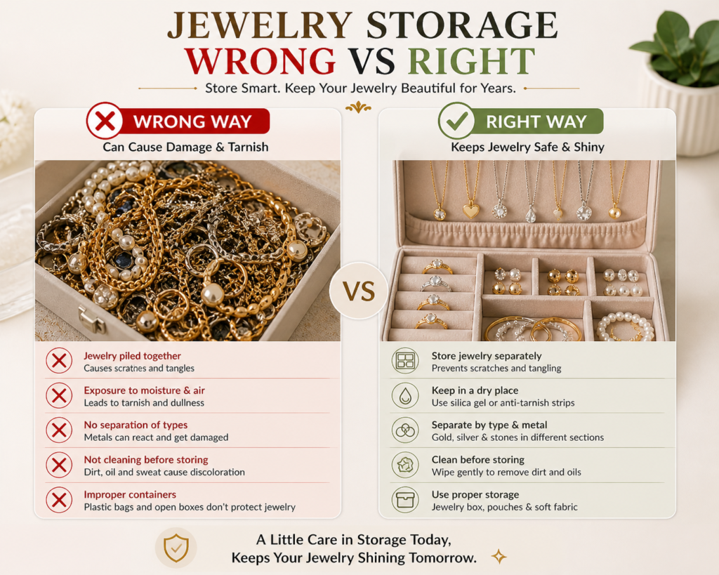 wrong vs right jewelry storage comparison showing tangled jewelry versus organized storage in compartments