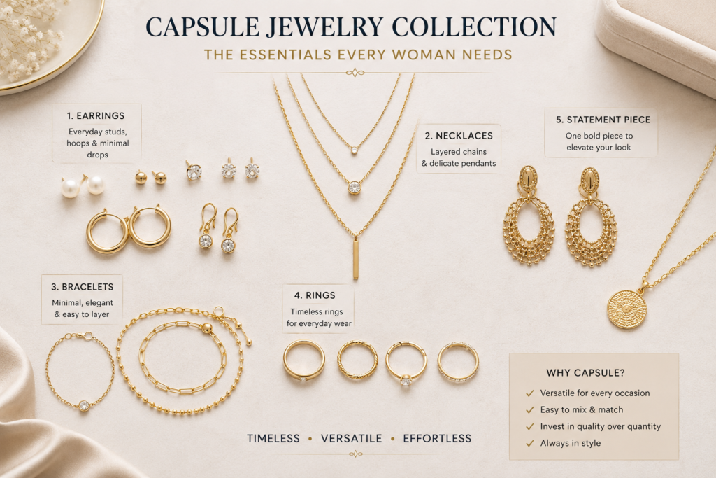 capsule jewelry collection essentials flat lay featuring pearl studs hoop earrings layered necklaces minimalist bracelets rings and timeless jewelry pieces for women