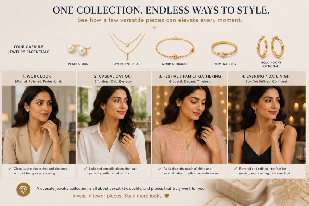 capsule jewelry collection styling comparison showing how versatile earrings necklaces bracelets rings and statement pieces create multiple looks for different occasions