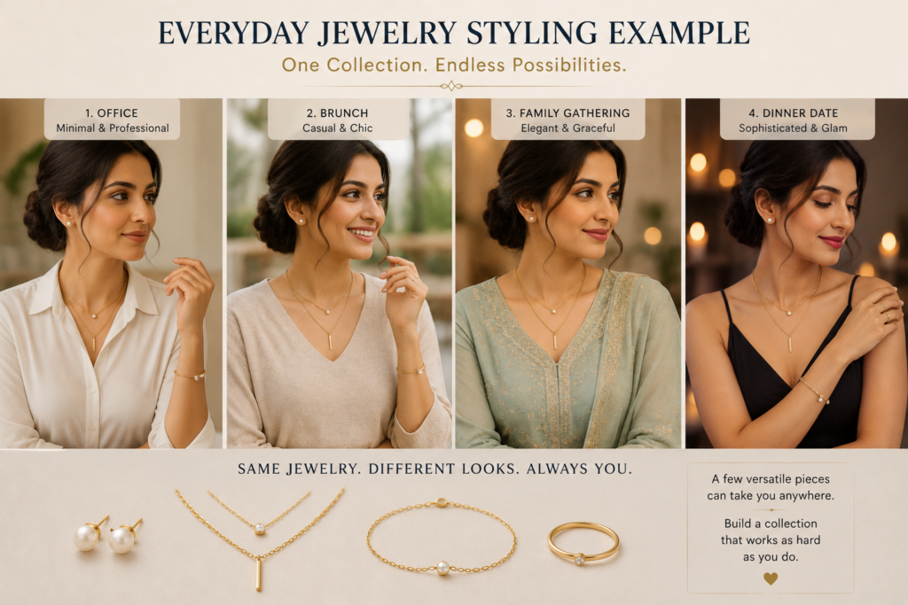 everyday jewelry styling example featuring pearl stud earrings layered necklace minimalist bracelet and elegant ring styled for work casual outings and daily wear