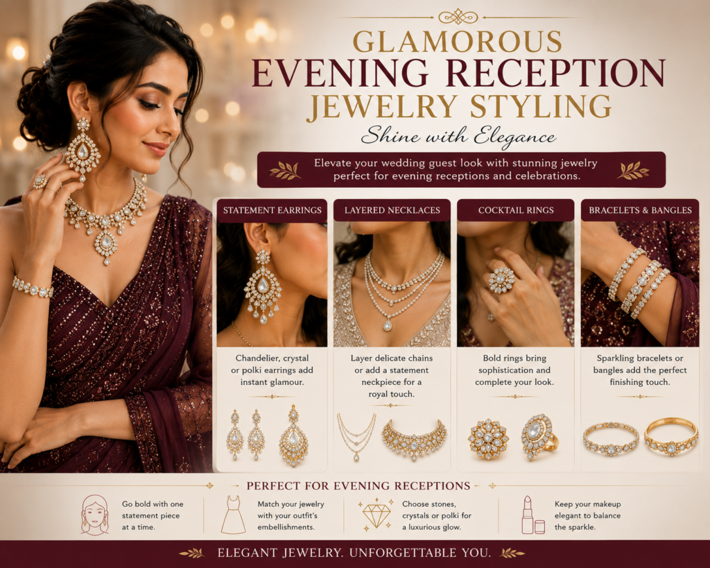 Best Jewelry for Wedding Guests: Elegant Styling Ideas for Every Celebration 4 glamorous evening reception jewelry styling featuring statement earrings elegant necklaces cocktail rings and sophisticated wedding guest accessories for women