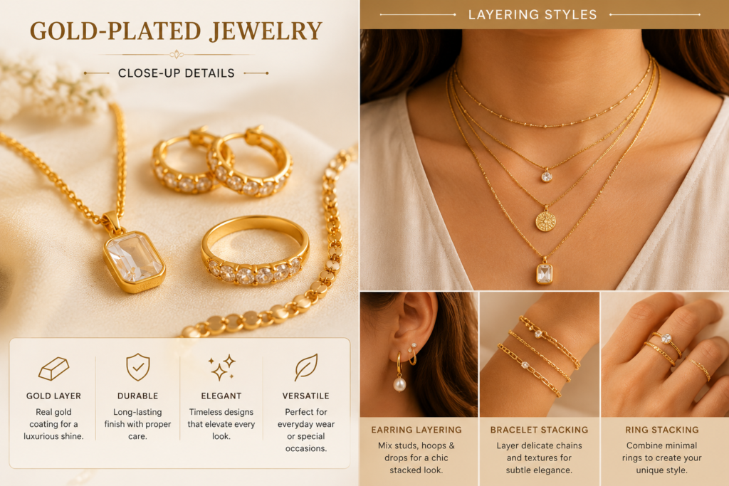 gold plated jewelry close up featuring layered gold necklaces stacked rings bracelets hoop earrings and elegant everyday styling ideas