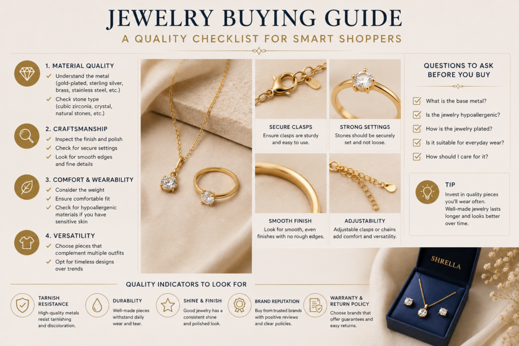 jewelry buying guide and quality checklist showing material inspection clasp quality stone settings craftsmanship durability and key factors to consider before buying jewelry