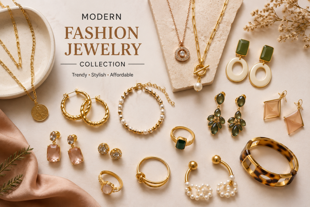 modern fashion jewelry collection flat lay featuring necklaces earrings rings bracelets and trendy accessories arranged on a neutral beige background