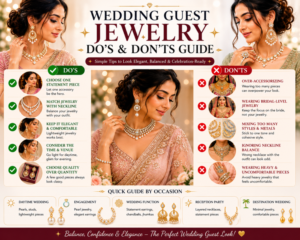 Best Jewelry for Wedding Guests: Elegant Styling Ideas for Every Celebration 5 wedding guest jewelry dos and donts guide showing elegant jewelry styling tips common accessory mistakes and wedding guest fashion advice for women