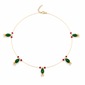 Green Beaded Invisible Necklace with green bead accents on a white background.