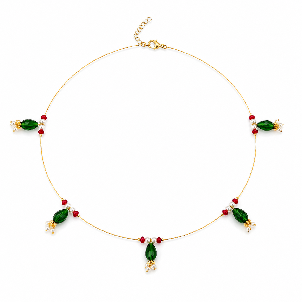 Green Beaded Invisible Necklace with green bead accents on a white background.