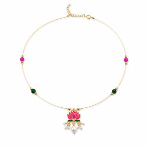 Lotus Invisible Necklace with Pink & Green Beads displayed on a white background.