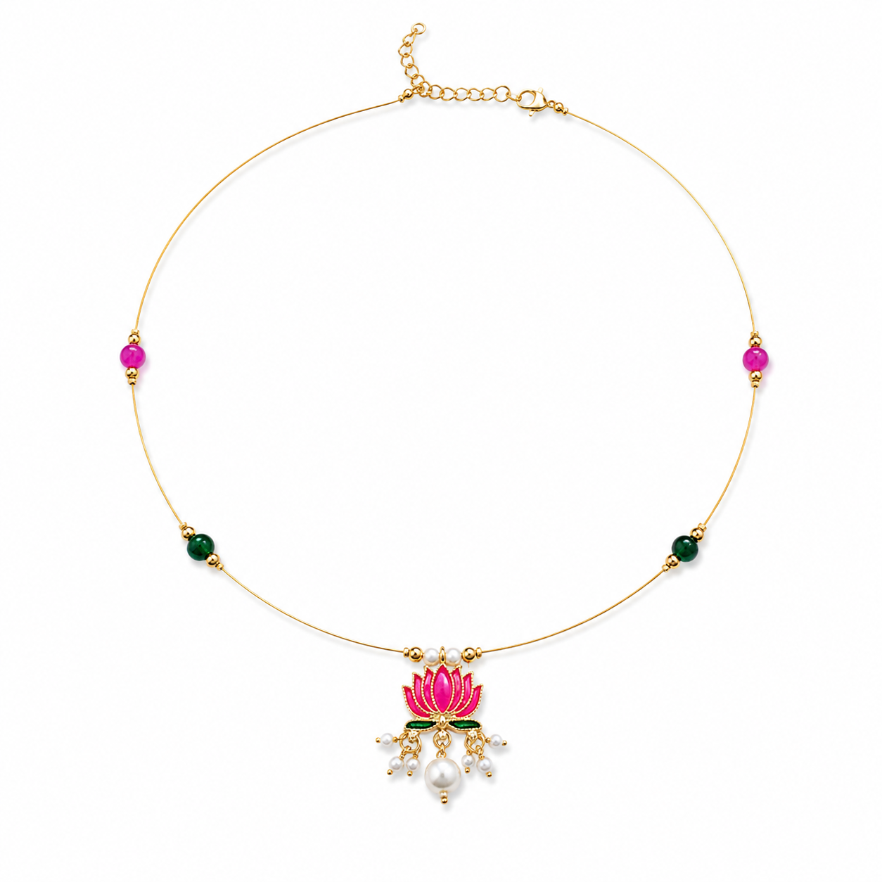 Lotus Invisible Necklace with Pink & Green Beads displayed on a white background.