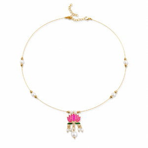 Lotus Invisible Necklace with white beads on a white background.