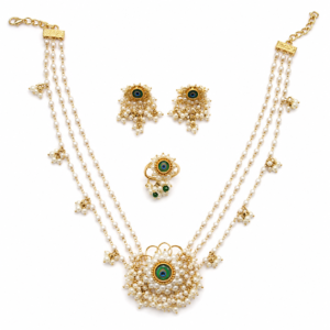 Mor Pankh Necklace Set with matching earrings and ring displayed on a white background.