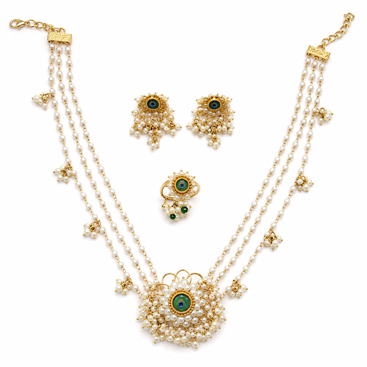 Mor Pankh Necklace Set with matching earrings and ring displayed on a white background.