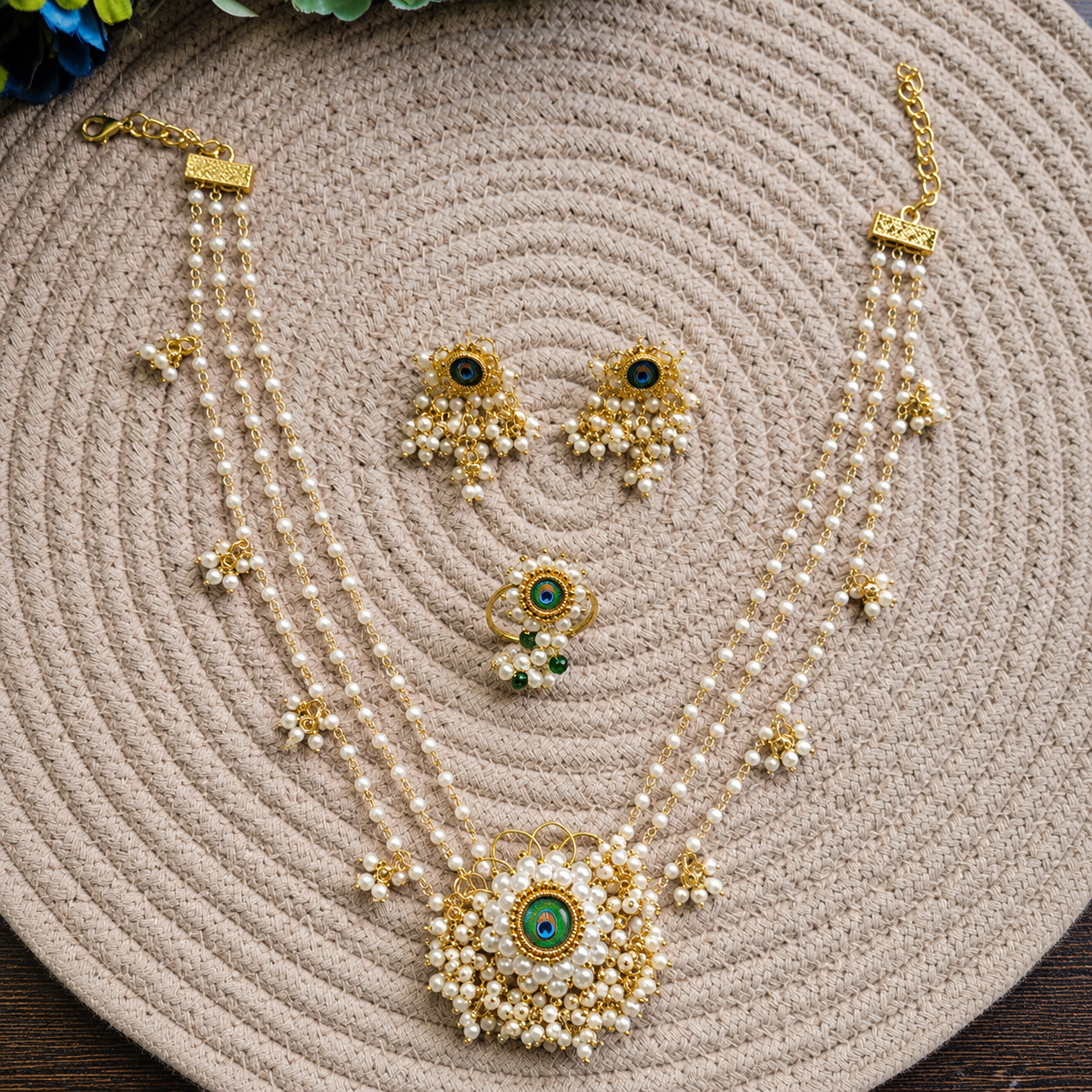 Mor Pankh Necklace Set with matching earrings and ring displayed on a woven mat.