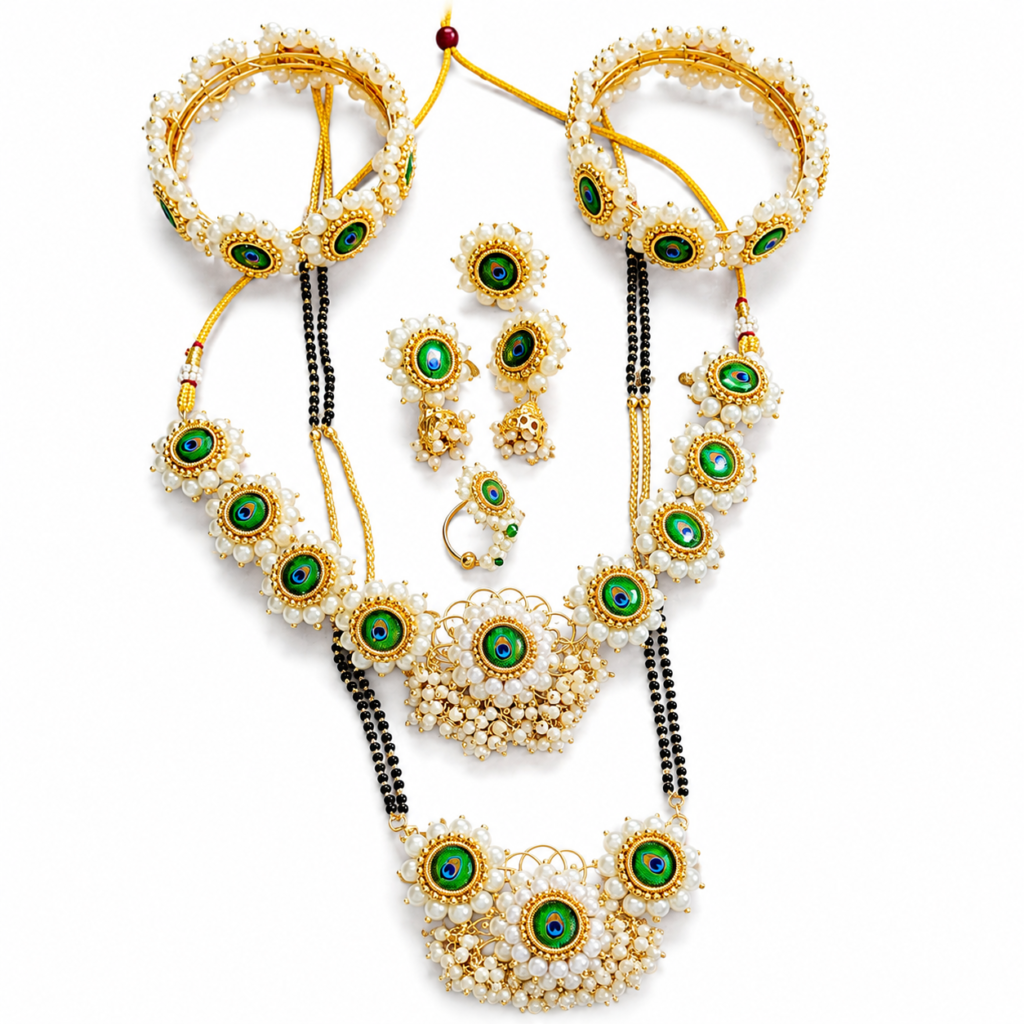 Mor Pankh Saaj Set with matching necklace, bangles, earrings, ring, and pendant on a white background.