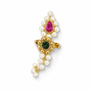Nath Finger Ring with a pink teardrop accent, green centre stone, white bead details, and bead drop on a white background.