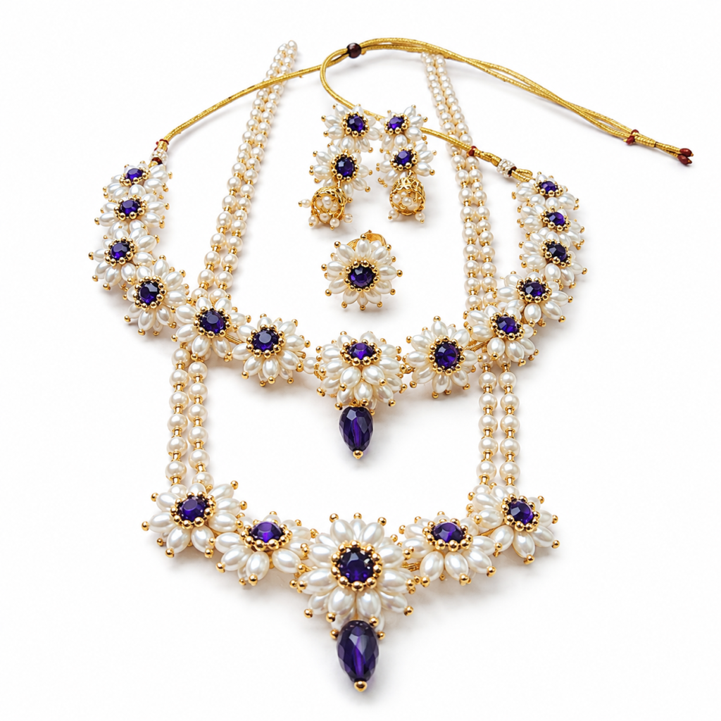 Parijatak Saaj Set - Blue with matching mangalsutra, necklace, earrings, and ring on a white background.