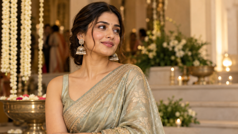 Elegant Indian woman wearing traditional jhumka earrings with a sage green saree at a festive celebration
