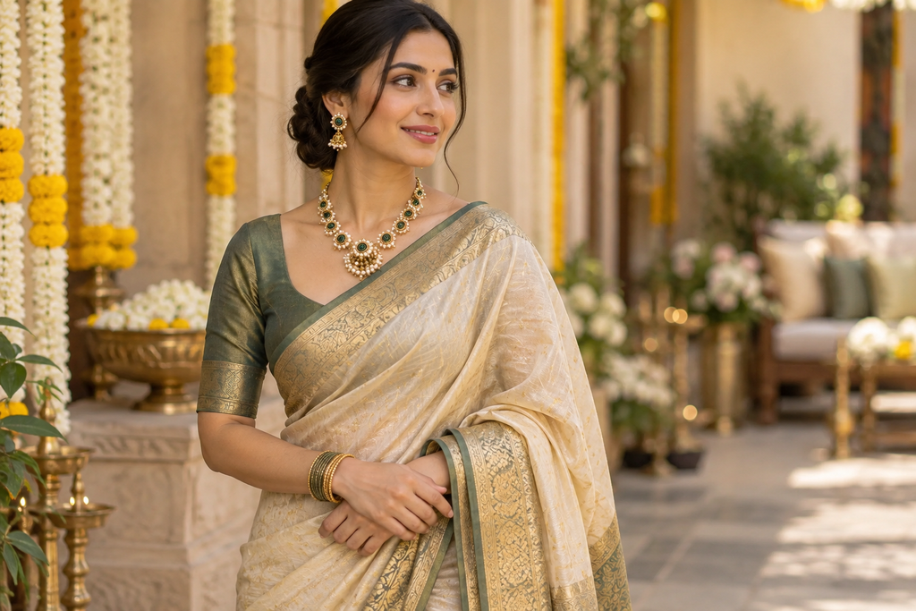 Indian woman in an ivory saree with green border wearing matching traditional gold, green stone and pearl jewellery