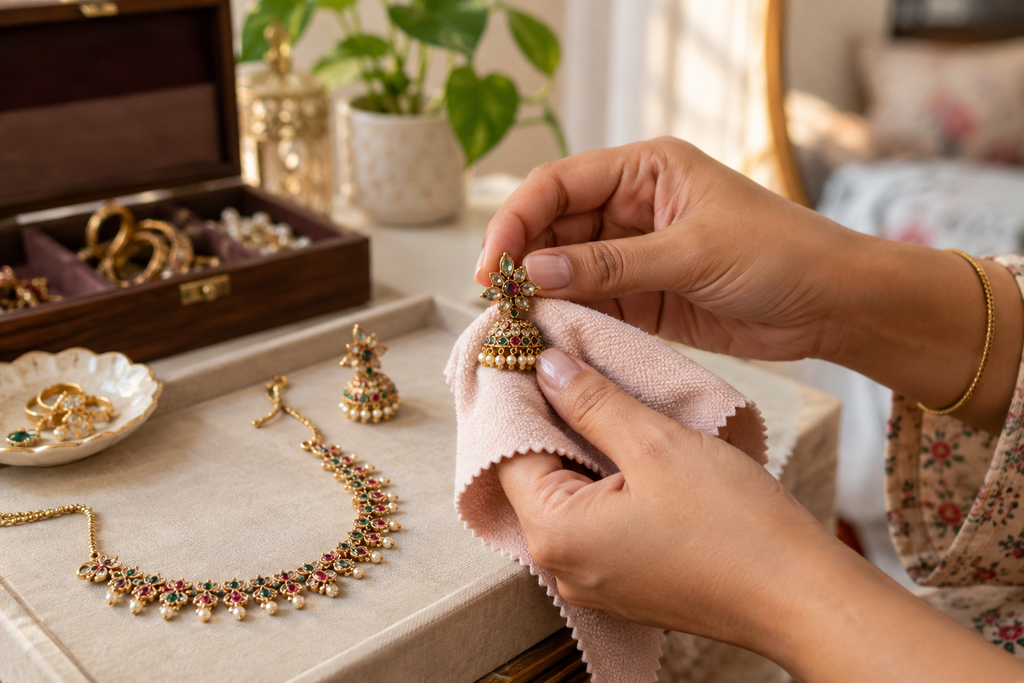 Indian woman gently cleaning artificial jewellery with a soft microfiber cloth at home