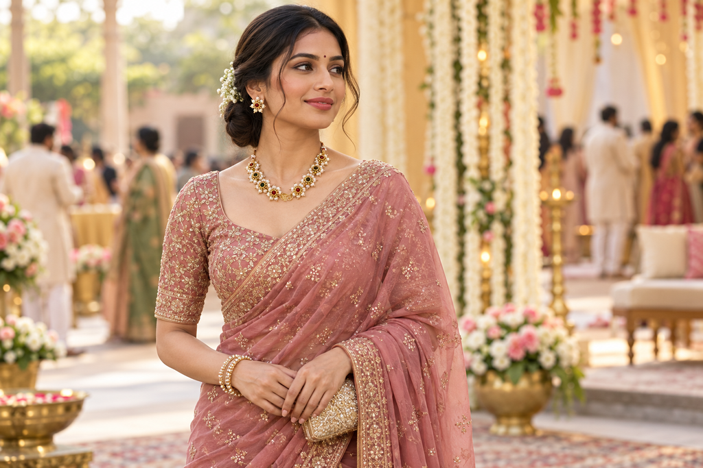 Indian woman in a saree wearing jewellery for a wedding guest outfit