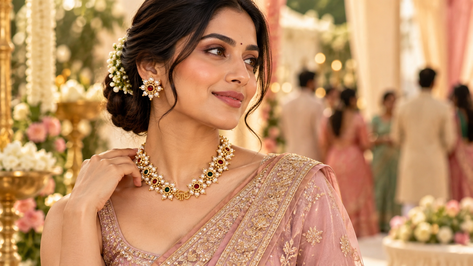 Indian wedding guest in a saree wearing elegant traditional jewellery