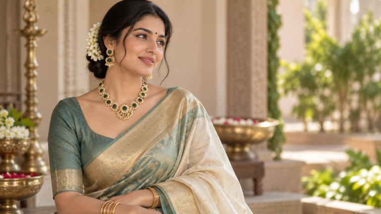 Indian woman in a saree wearing the Mor Pankh Floral Necklace Set with matching earrings